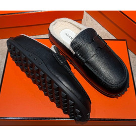 Женские кожаные черные мюли Hermes Go с мехом