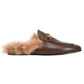 Женские зимние кожаные лоферы Gucci коричневые с мехом