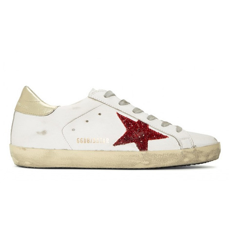 Кеды Golden Goose Superstar белые с красной звездой из блёсток