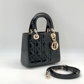 Кожаная лаковая сумка Christian Dior Lady Small черная с золотом 20 см